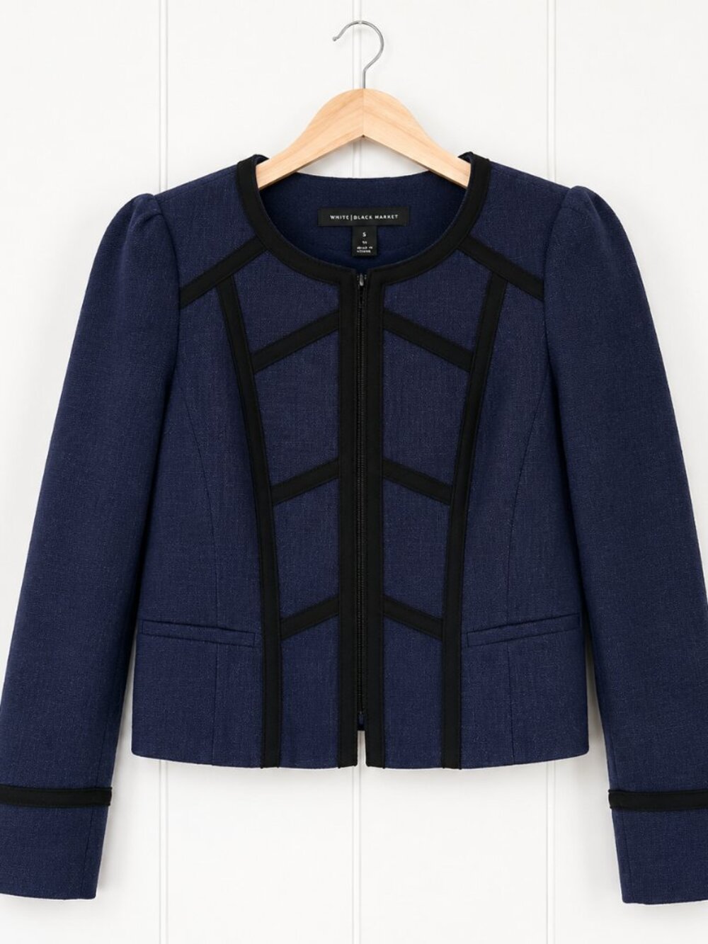 White House Black Market Navy Tailored Blazer Jacket Black Trim Work Old Money 8